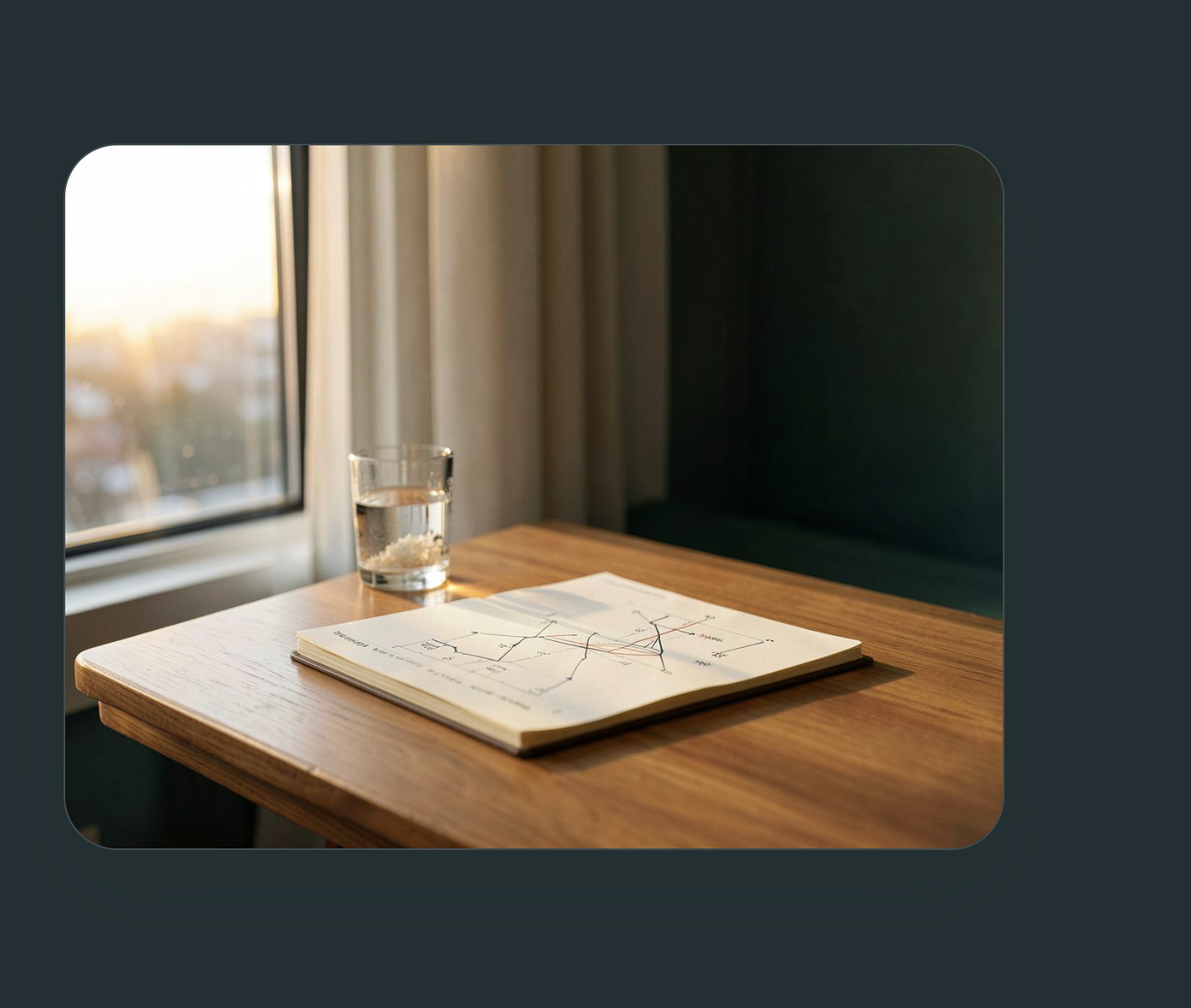 Cuaderno de registro de energía sobre una mesa junto a una ventana