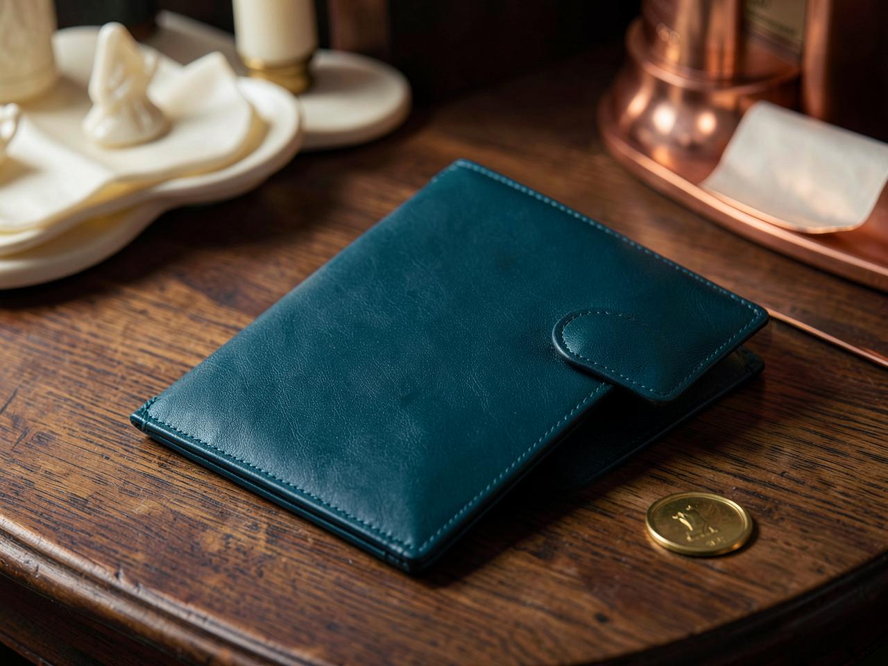 Carpeta de cuero verde con sello de bronce sobre una mesa de madera