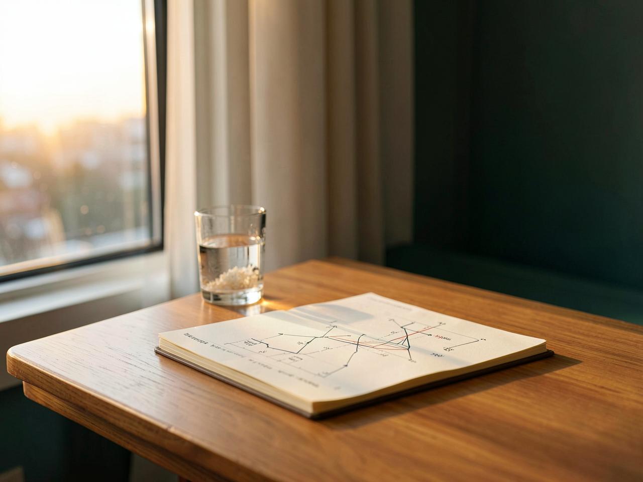 Cuaderno con un registro diario de energía junto a un vaso de agua
